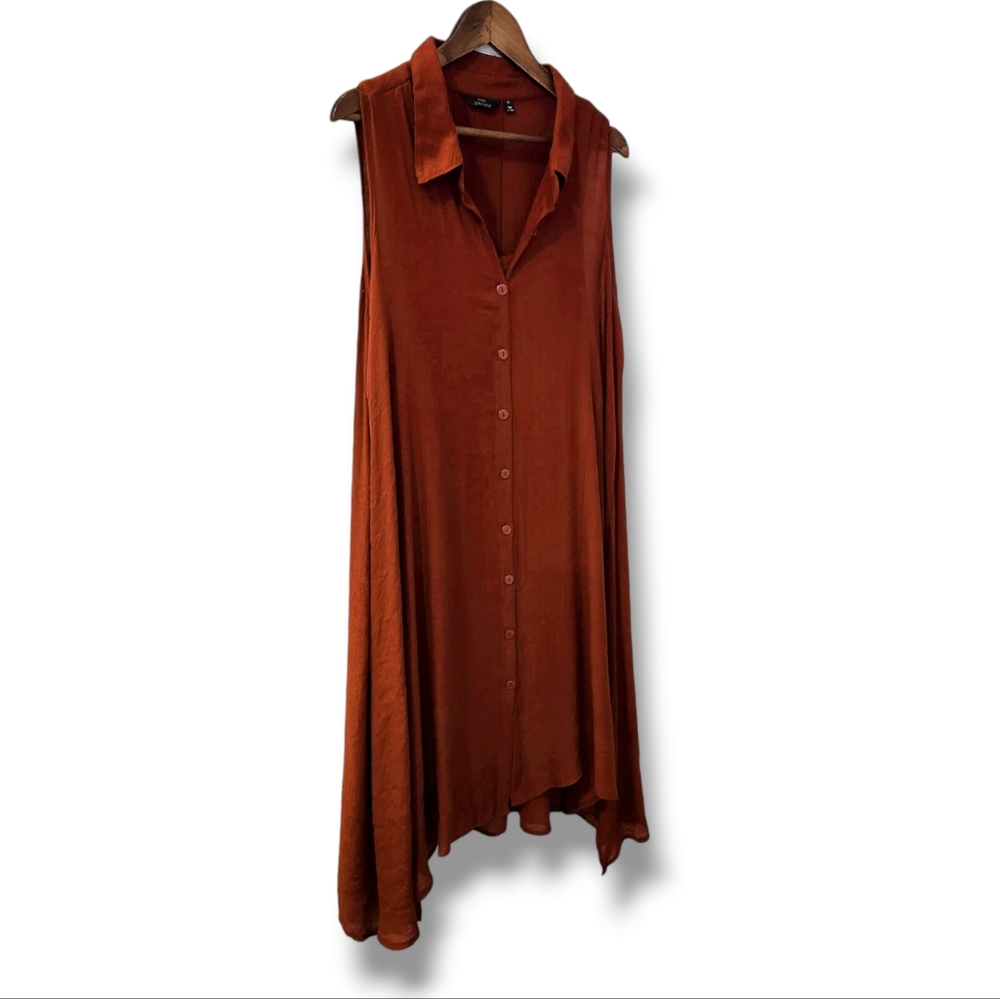 Mlle Gabrielle Burnt Orange Swing Button-Down Shirt Dress | 3X - Picture 2 of 9